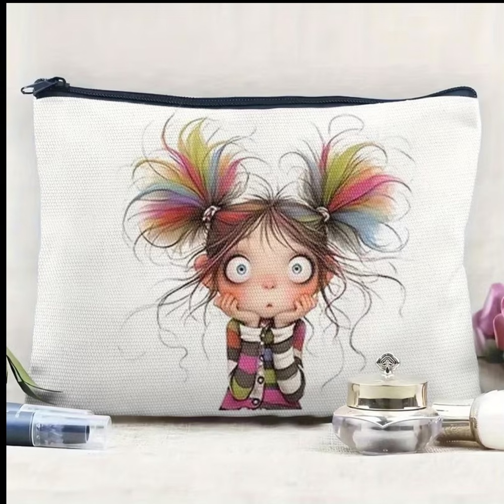 Cute Crazy Hair Girl Makeup Bag 3 pack